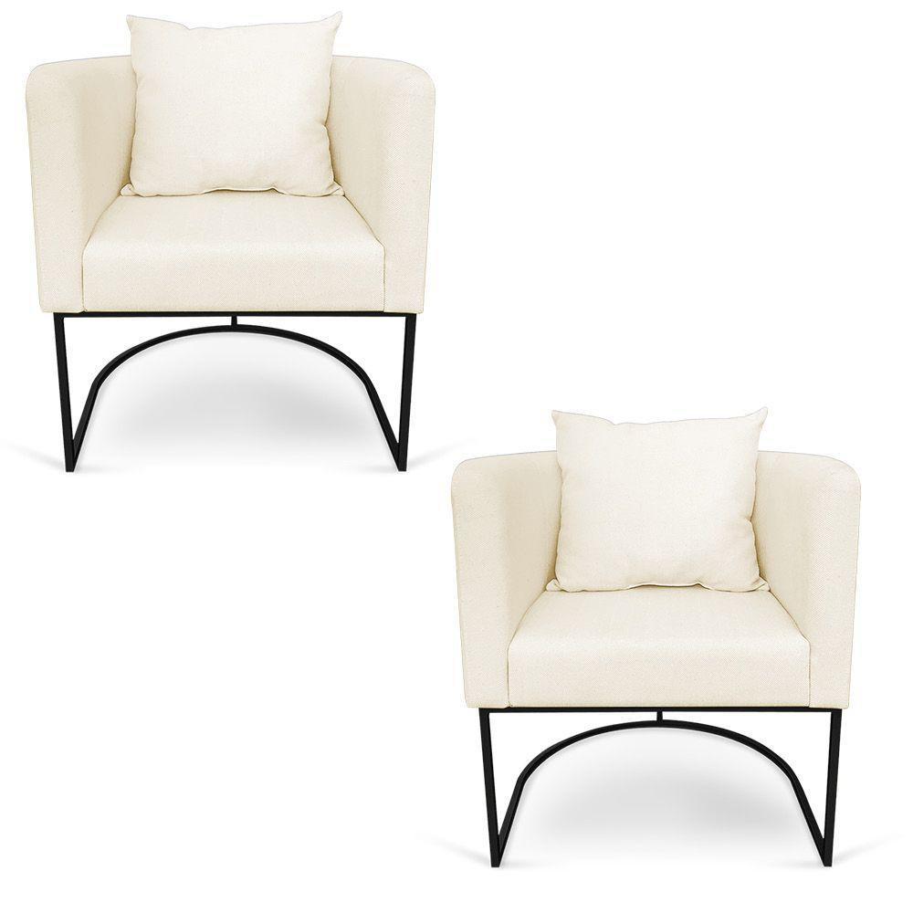 Kit 02 Poltronas Paola Linho Grosso Bege A19 Base Metálica Preto - 1
