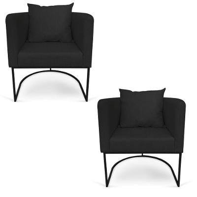 Kit 02 Poltronas Paola Linho Base Metálica Preto Cor Preto
