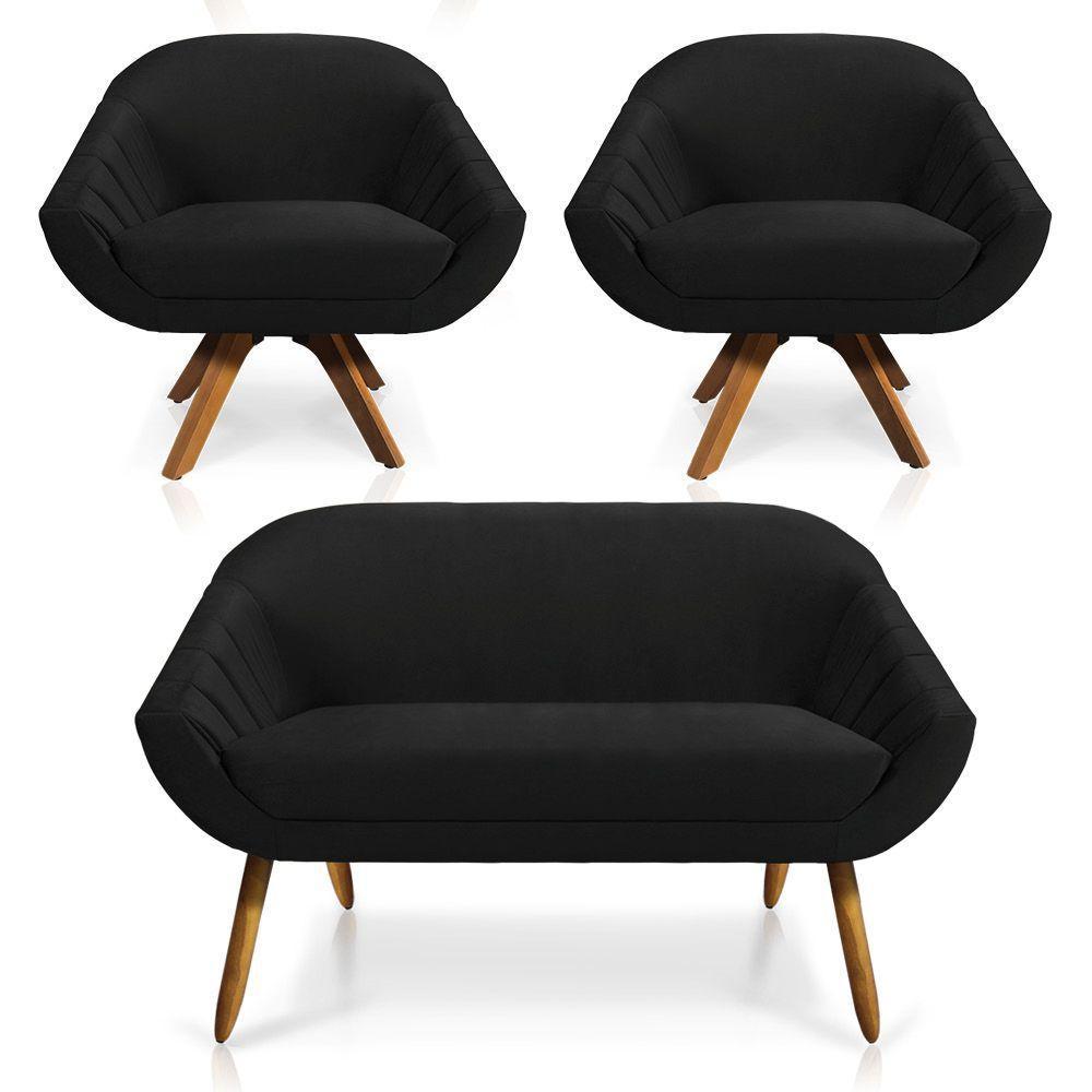 Kit 01 Namoradeira 02 Lugares E 02 Poltronas Giratória Giovana Veludo Base Madeira Preto - 1