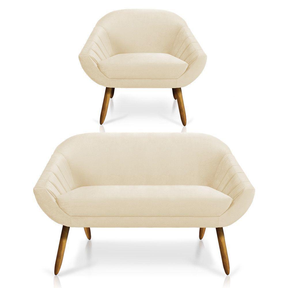 Kit 01 Namoradeira e 01 Poltrona Veludo Bege Castanho - 1