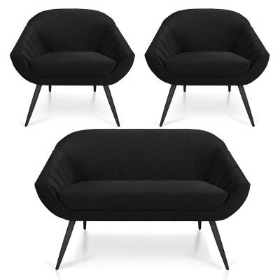 Kit 01 Namoradeira 02 Lugares E 02 Poltronas Giovana Veludo Pés Palito De Ferro Preto