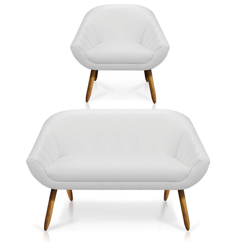 Kit 01 Namoradeira 02 Lugares E 01 Poltrona Giovana Corino Pés Palito Castanho Branco - 1