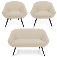 Kit 01 Namoradeira 02 Lugares E 02 Poltronas Giovana Linho Pés Palito De Ferro A19 Grosso Bege - 1