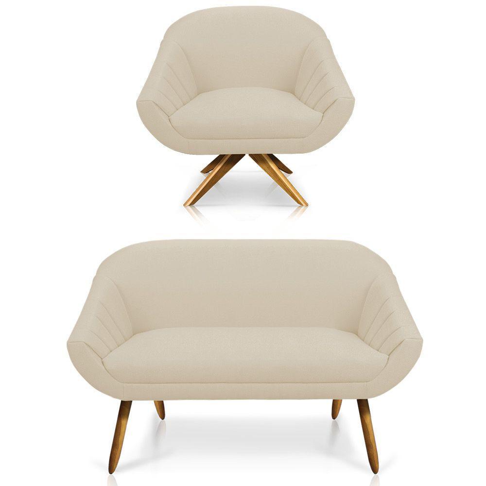 Kit 01 Namoradeira 02 Lugares E 01 Poltrona Giratória Giovana Linho A19 Grosso Bege - 1