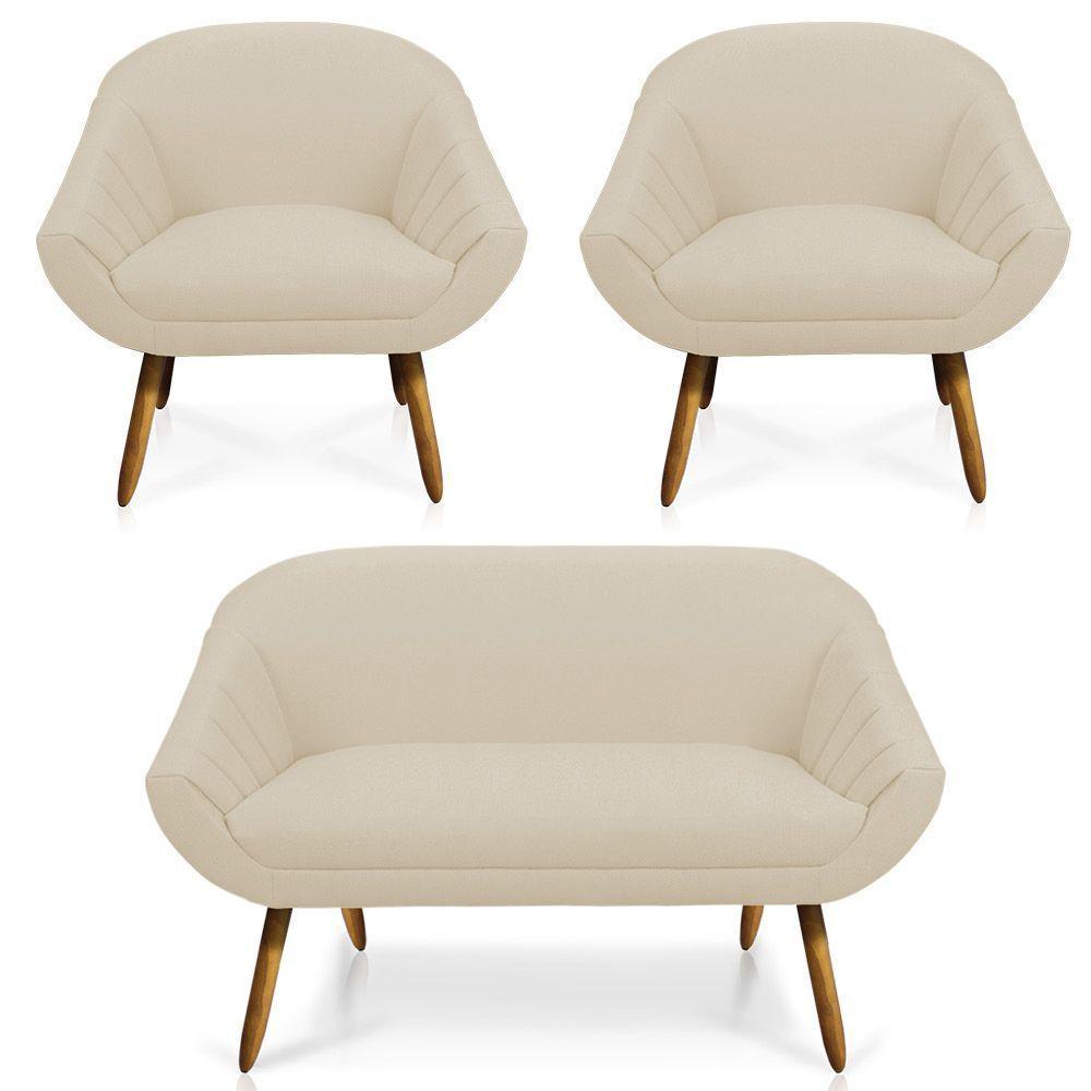 Kit 01 Namoradeira 02 Lugares E 02 Poltronas Giovana Linho Pés Palito Castanho A19 Grosso Bege - 1