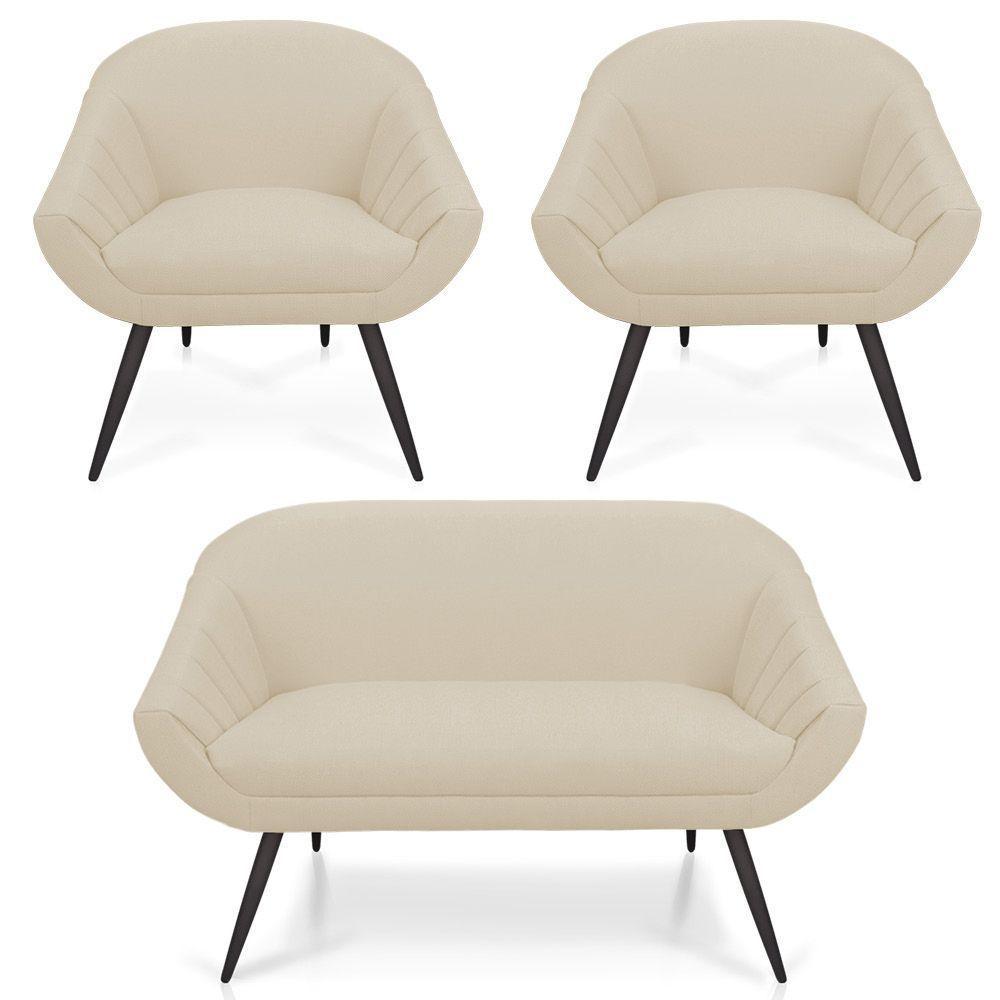 Kit 01 Namoradeira 02 Lugares E 02 Poltronas Giovana Linho Areia A27 Pés Palito De Ferro - 1