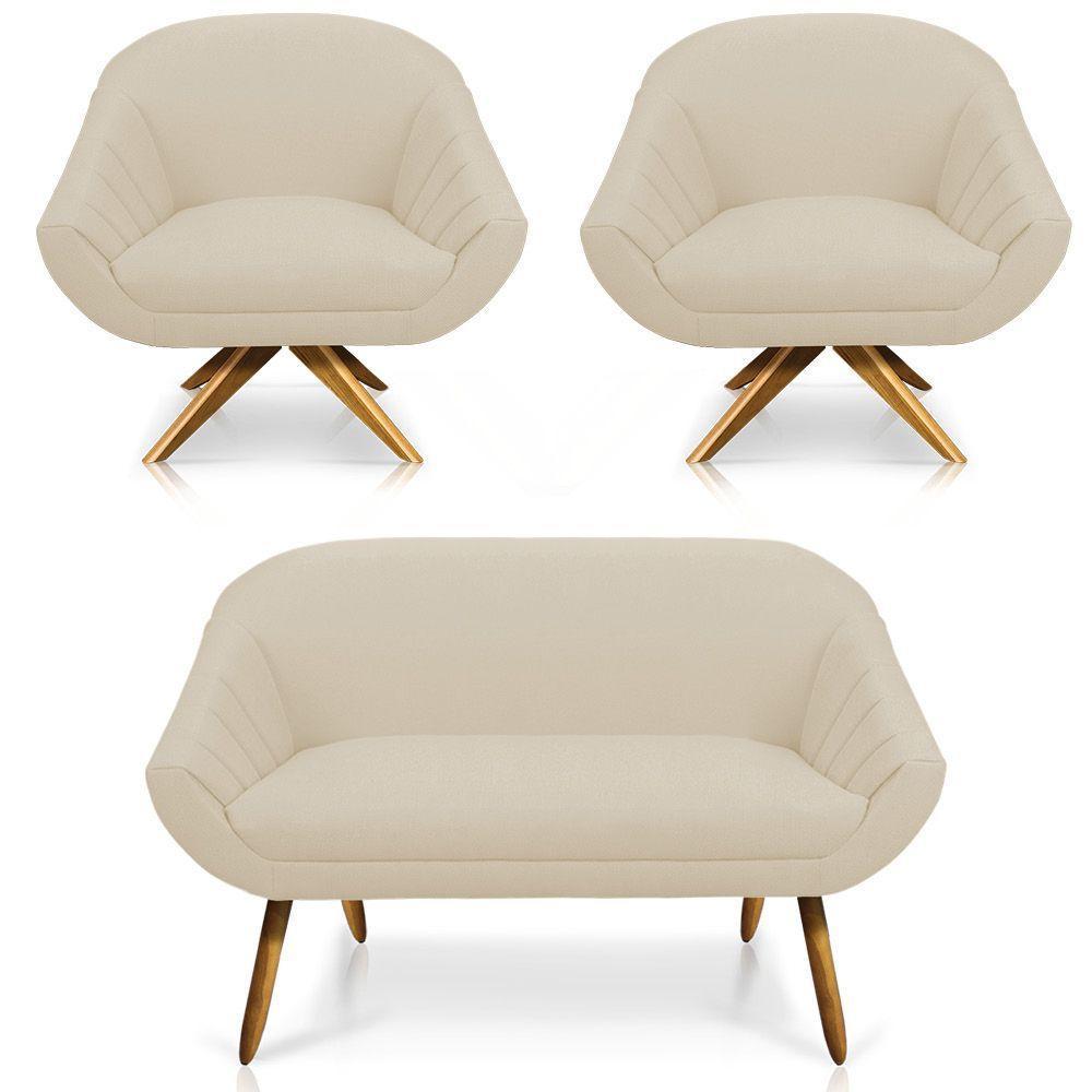 Kit 01 Namoradeira 02 Lugares E 02 Poltronas Giratória Giovana Linho Grosso Bege A19 - 1