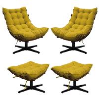 Kit 02 Poltronas E 02 Puffs Costela Base Giratória Suede - 1