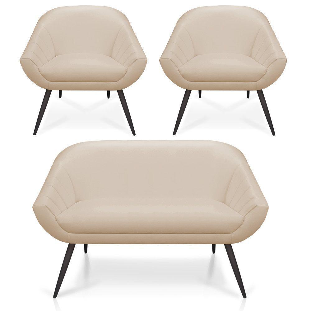 Kit 01 Namoradeira 02 Lugares E 02 Poltronas Giovana Corino Bege Pés Palito De Ferro - 1