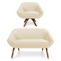 Kit 01 Namoradeira 02 Lugares E 01 Poltrona Giratória Giovana Veludo Base Madeira Bege - 1