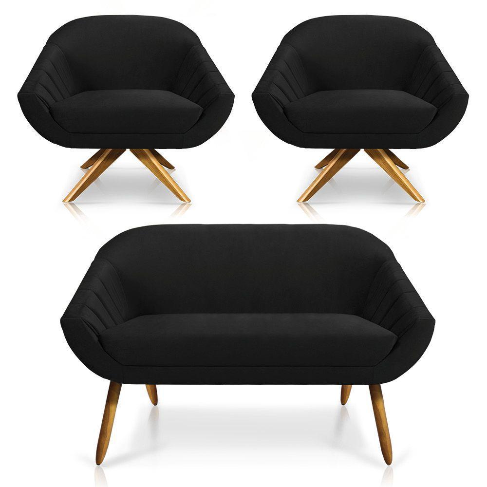 Kit 01 Namoradeira 02 Lugares E 02 Poltronas Giratória Giovana Veludo Base Madeira Preto - 1