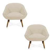 Kit 02 Poltronas Giovana Linho Pés Palito Castanho A19 Grosso Bege - 1