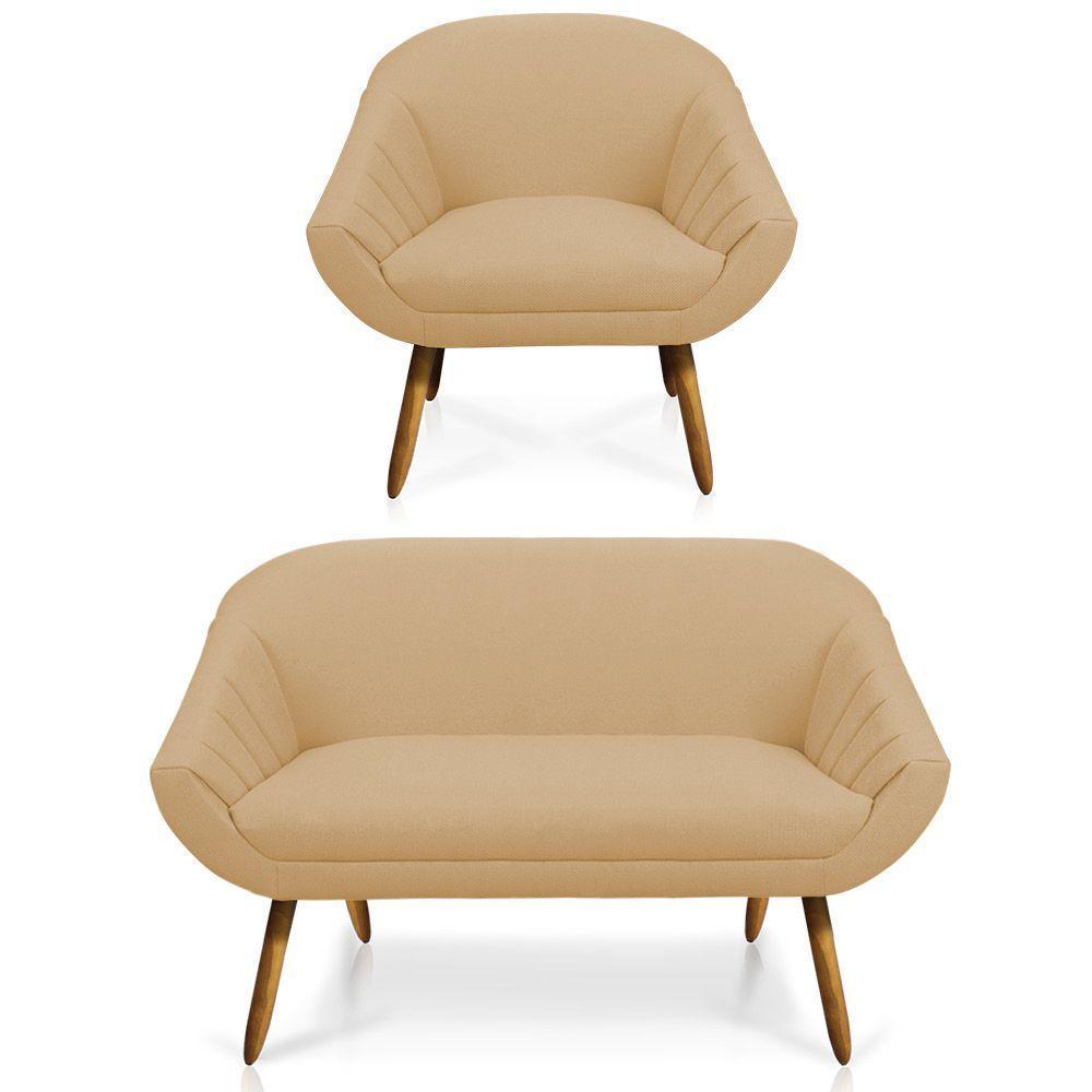 Kit 01 Namoradeira 02 Lugares E 01 Poltrona Giovana Linho Areia A27 Pés Palito Castanho - 1