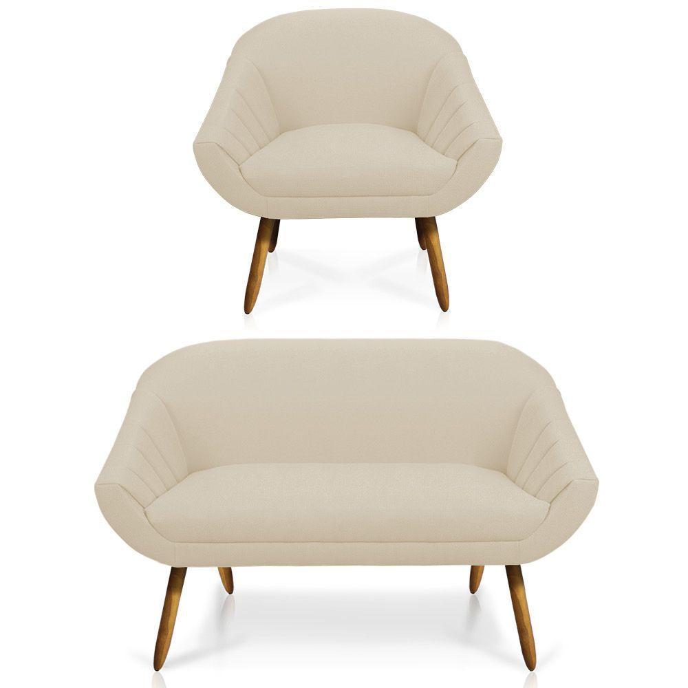 Kit 01 Namoradeira 02 Lugares E 01 Poltrona Giovana Linho Pés Palito Castanho A19 Grosso Bege - 1