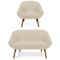 Kit 01 Namoradeira 02 Lugares E 01 Poltrona Giovana Linho Pés Palito Castanho A19 Grosso Bege - 1