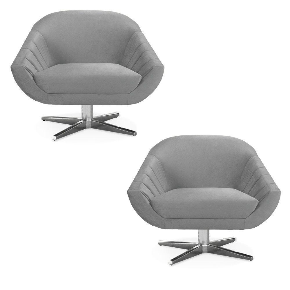 Kit 02 Poltronas Giratória Giovana Veludo Base Cromada Cinza - 1
