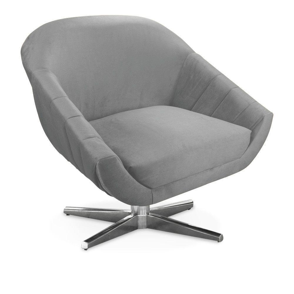 Kit 02 Poltronas Giratória Giovana Veludo Base Cromada Cinza - 4