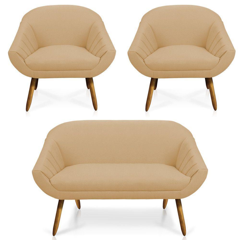 Kit 01 Namoradeira 02 Lugares E 02 Poltronas Giovana Linho Areia A27 Pés Palito Castanho - 1