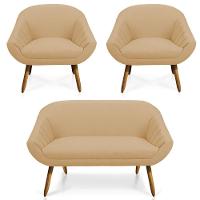 Kit 01 Namoradeira 02 Lugares E 02 Poltronas Giovana Linho Areia A27 Pés Palito Castanho - 1