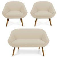 Kit 01 Namoradeira 02 Lugares E 02 Poltronas Giovana Linho Grosso Bege A19 Pés Palito Castanho - 1