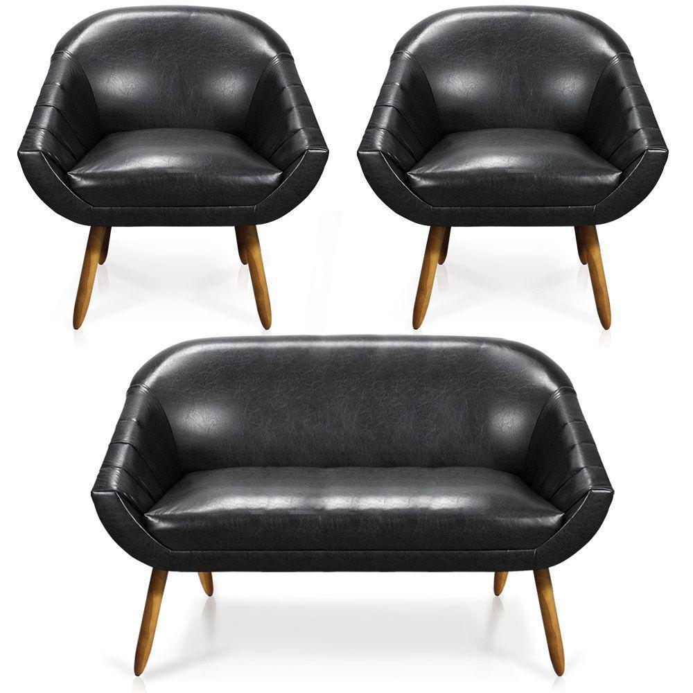 Kit 01 Namoradeira 02 Lugares E 02 Poltronas Giovana Corano Preto Pés Palito Castanho - 1