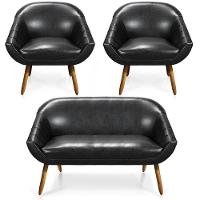 Kit 01 Namoradeira 02 Lugares E 02 Poltronas Giovana Corano Preto Pés Palito Castanho - 1