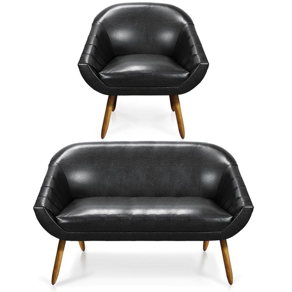 Kit 01 Namoradeira 02 Lugares E 01 Poltrona Giovana Corano Preto Pés Palito Castanho - 1