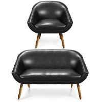 Kit 01 Namoradeira 02 Lugares E 01 Poltrona Giovana Corano Preto Pés Palito Castanho - 1