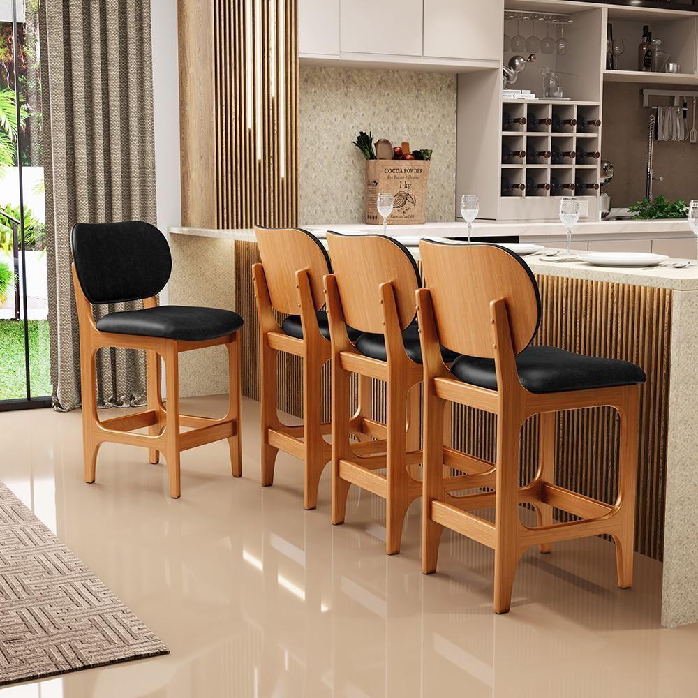 Kit 04 Banquetas Baixa Bar Cozinha E Sala De Jantar Fixa Betta L02 Imbuia Couríssimo Preto - 8