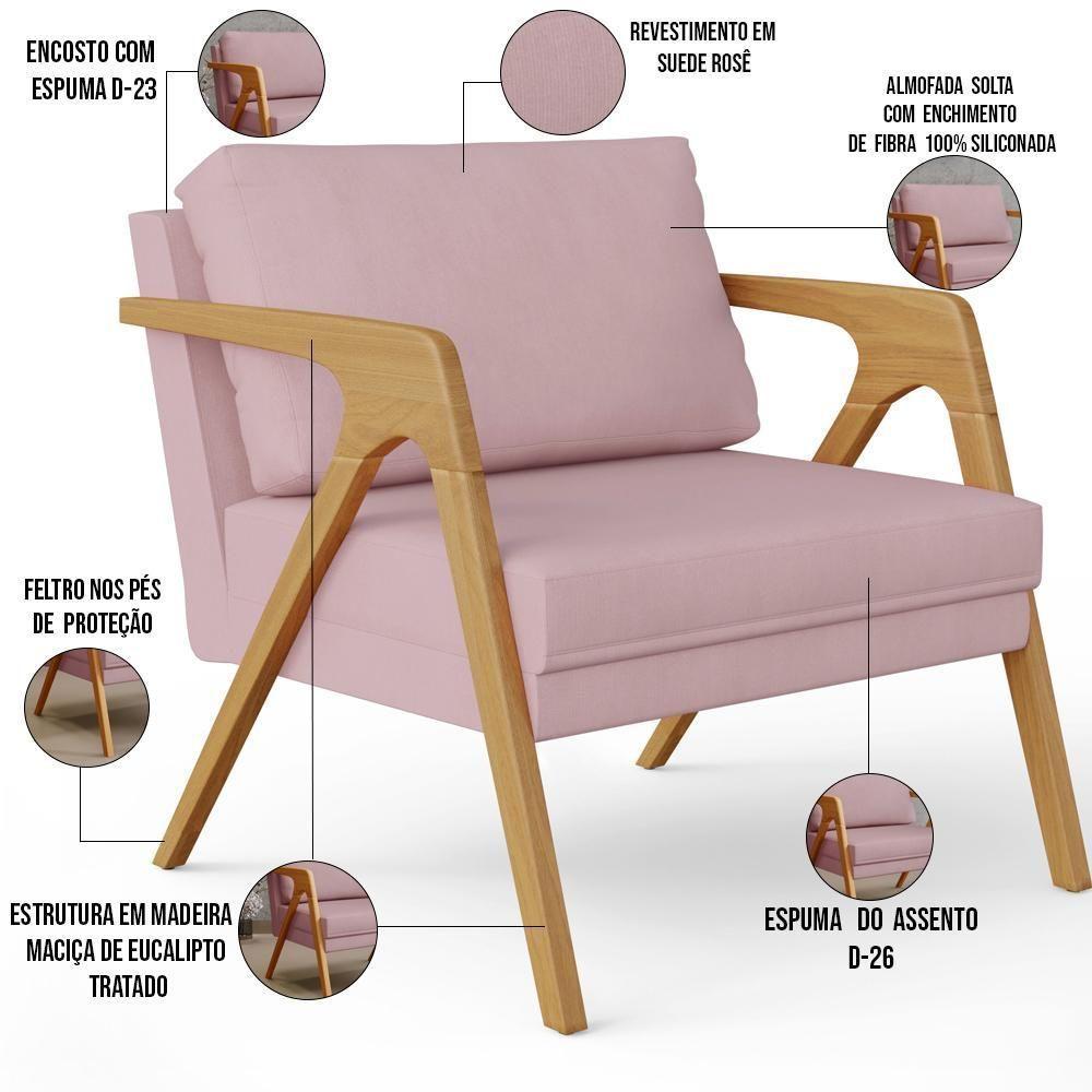 Kit 03 Poltronas Pietra Estrutura De Madeira L02 Suede Rosê - 6