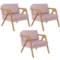 Kit 03 Poltronas Pietra Estrutura De Madeira L02 Suede Rosê - 1