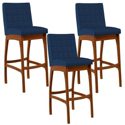 Kit 03 Banquetas Altas Mila Suede Azul Marinho