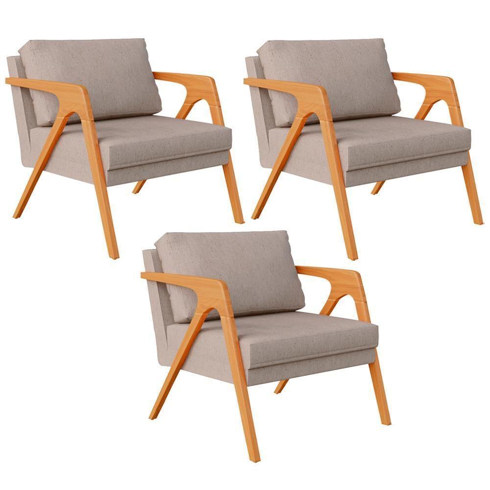 Kit 03 Poltronas Pietra Estrutura De Madeira L02 Linho Bege - 1