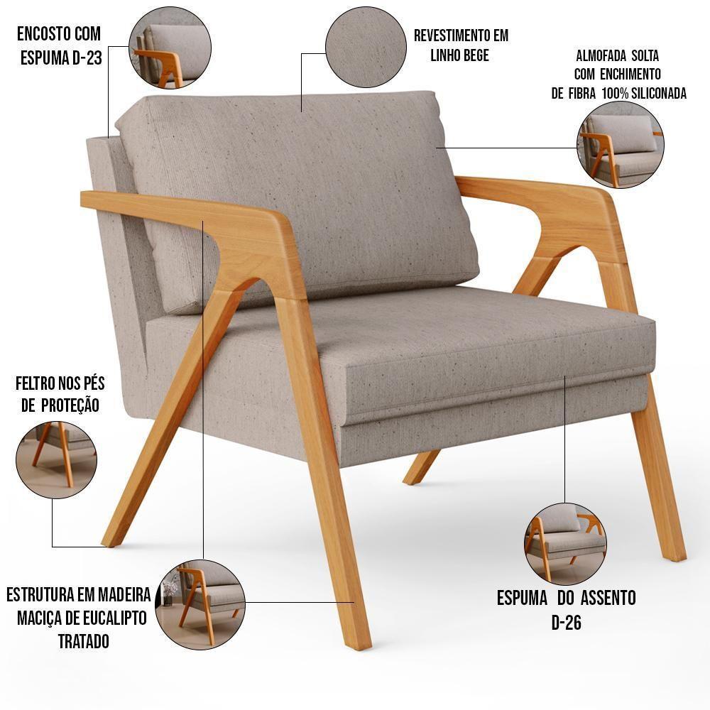 Kit 03 Poltronas Pietra Estrutura De Madeira L02 Linho Bege - 6