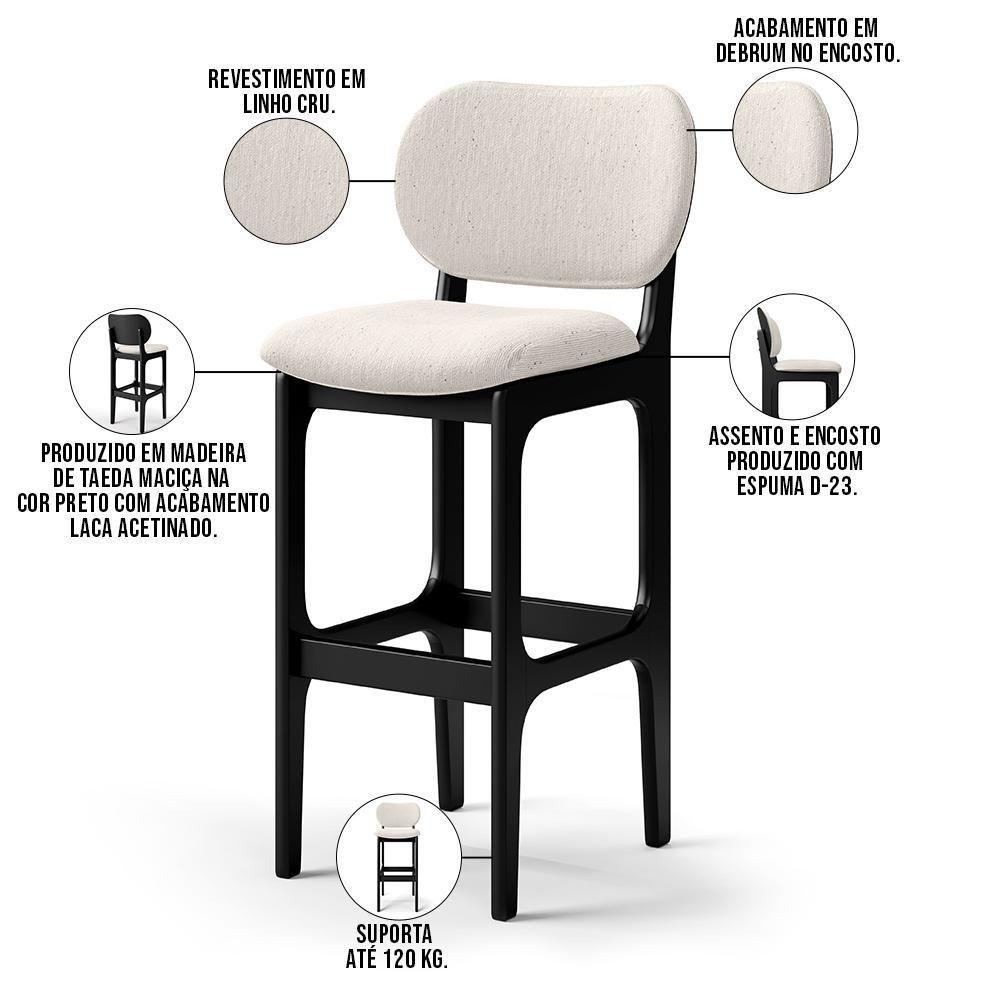 Kit 4 Banquetas Alta Betta Preto Linho Cru - 6