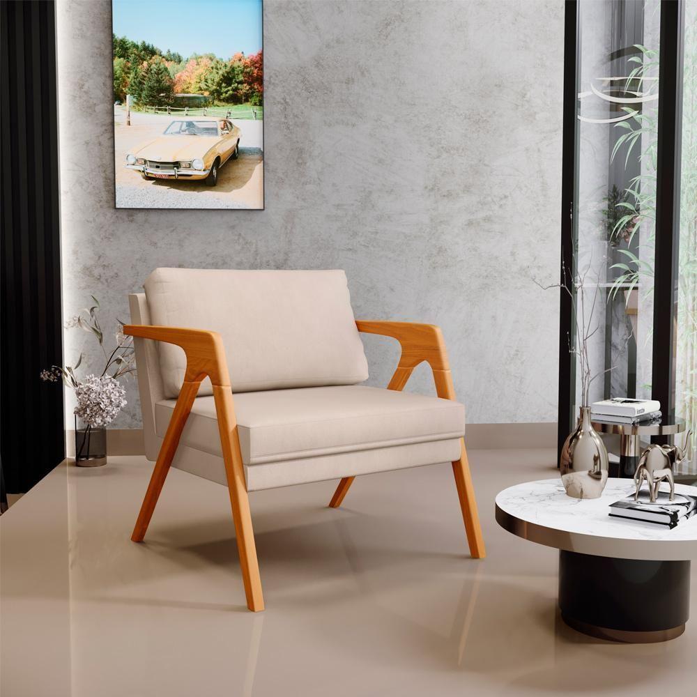 Kit 03 Poltronas Pietra Estrutura De Madeira L02 Suede Bege - 8