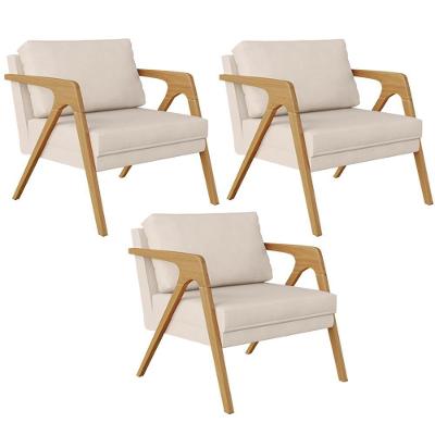Kit 03 Poltronas Pietra Para Sala De Estar Suede Bege Lyam Decor