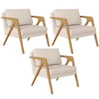 Kit 03 Poltronas Pietra Estrutura De Madeira L02 Suede Bege - 1