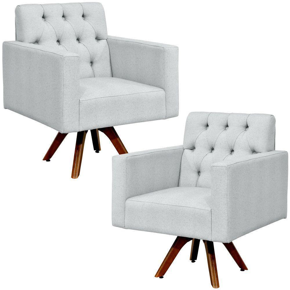 Kit 02 Poltronas Giratórias Manu L02 Capitonê Linho Cinza - 1