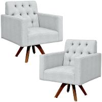 Kit 02 Poltronas Giratórias Manu L02 Capitonê Linho Cinza - 1