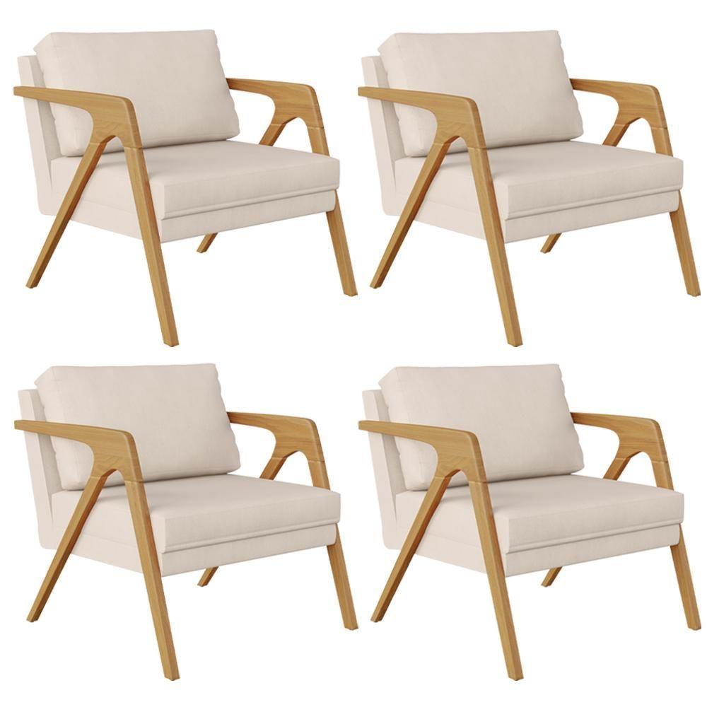 Kit 04 Poltronas Pietra Estrutura De Madeira L02 Suede Bege - 1