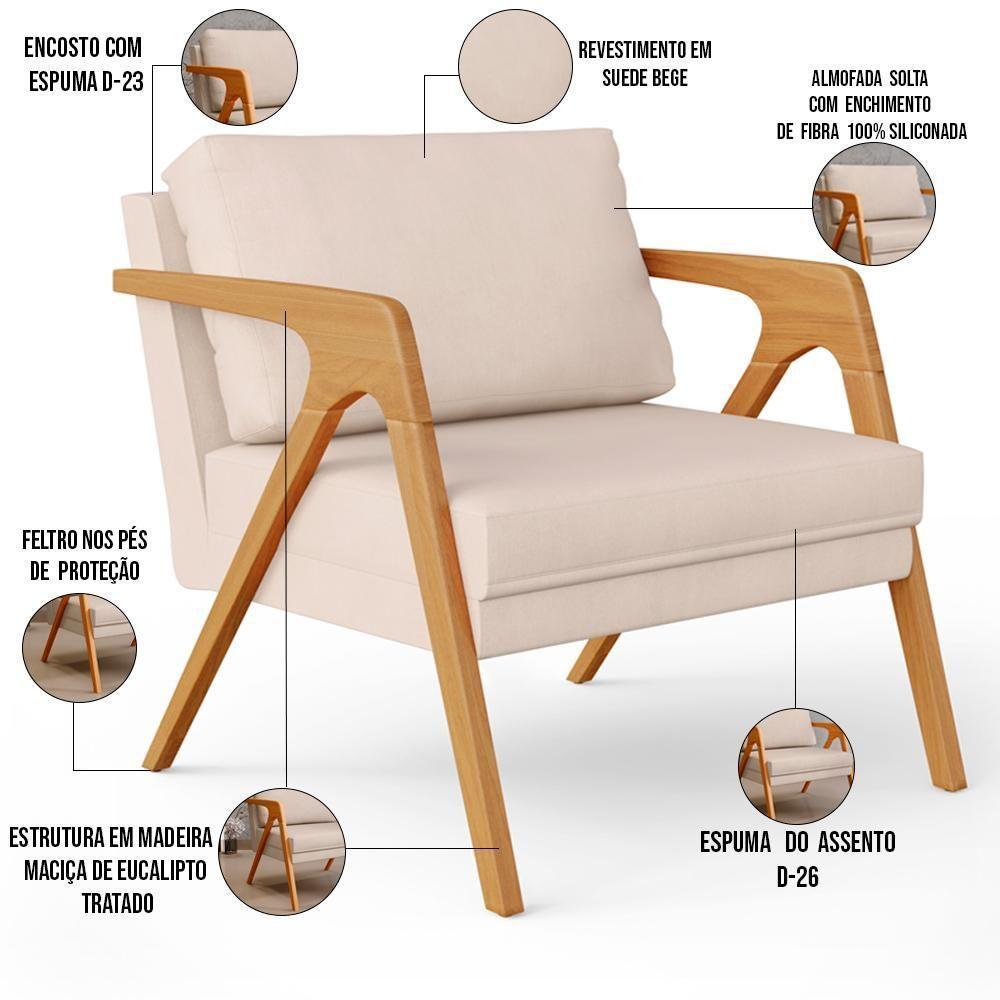Kit 04 Poltronas Pietra Estrutura De Madeira L02 Suede Bege - 6