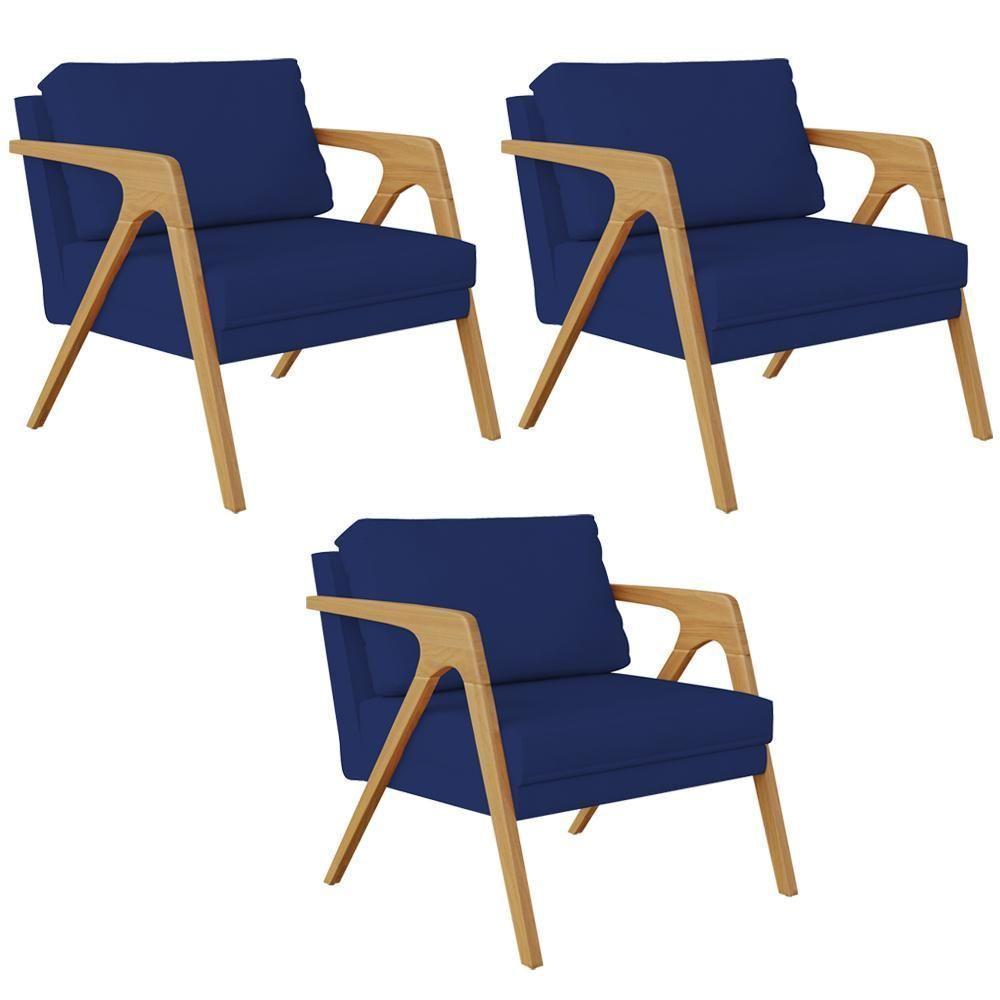 Kit 03 Poltronas Pietra L02 Suede Azul Marinho - 1