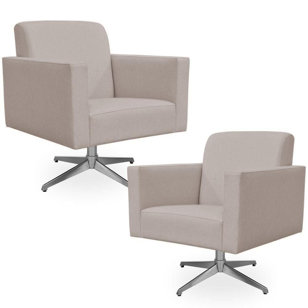 Kit 02 Poltronas Base Giratória Linho Bege - 1