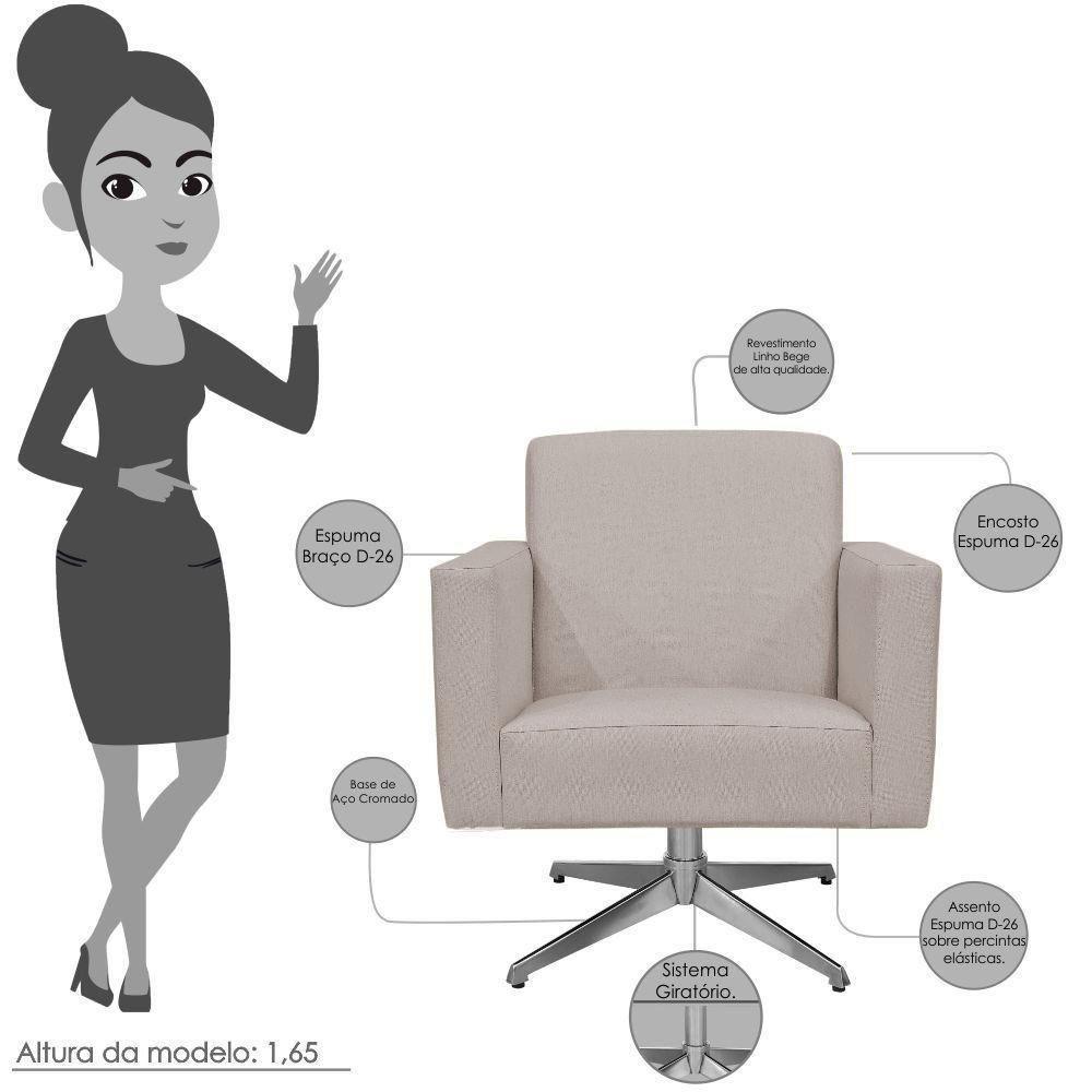 Kit 02 Poltronas Base Giratória Linho Bege - 3