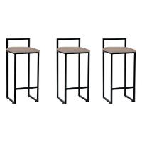 Kit 3 Banquetas Bar Cozinha Bistrô Altas Em Aço Industrial Dori Preta Assento Suede Bege - 1
