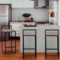 Banqueta Alta Industrial Em Aço Dori Preto Assento Suede Bege - Cor: Bege - 3