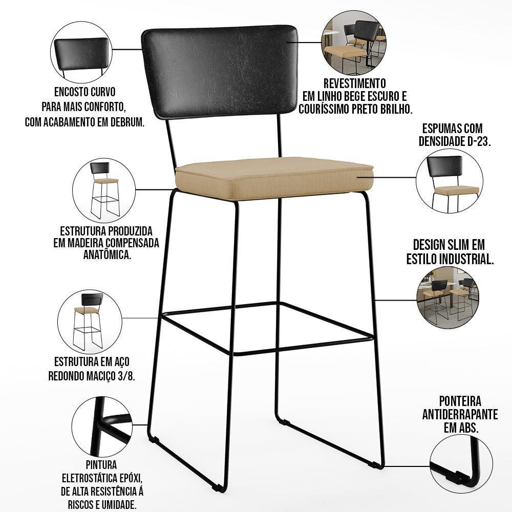 Kit 02 Banquetas Altas Preto Linho Bege Escuro - 7