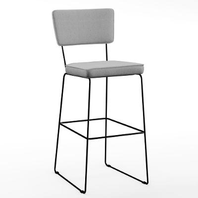 Banqueta Alta Allana L02 Assento em Linho Base em Aço com Encosto Industrial Cinza
