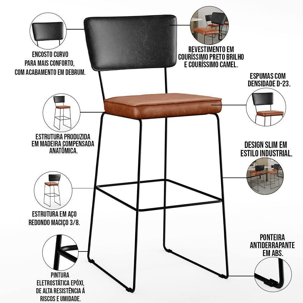 Kit 03 Banquetas Altas Preto Camel - 7